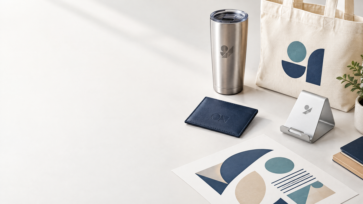 保溫杯、皮革卡套、帆布袋與金屬手機支架展示不同的客製化 Logo 工藝