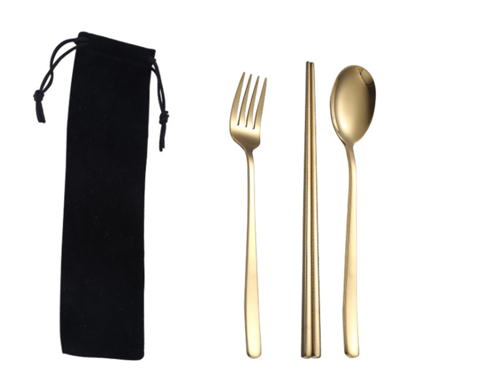 【客製禮品】韓式不銹鋼餐具3件組(黑束口袋)