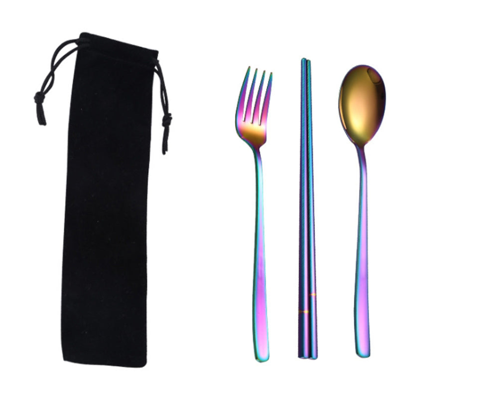 【客製禮品】韓式不銹鋼餐具3件組(黑束口袋)